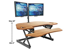 Rocelco 46" Height Adjustable Corner Standing Desk Converter with Dual Monitor Arm BUNDLE - Sit Stand Up Computer Workstation Riser - Extra Large Keyboard Tray - Teak Wood Grain (R CADRT-46-DM2)