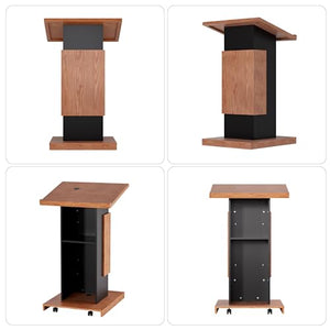 VLOJELRY Portable Podium Stand on Wheels - Mobile Wooden Pulpit with Wire Holes and Storage