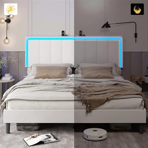 LDCLHG LED Queen Size Leather Upholstered Platform Bed with Adjustable Headboard