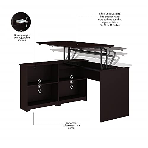 Bush Furniture Cabot 52W 3 Position Sit to Stand Corner Bookshelf Desk in Espresso Oak