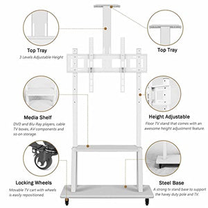 YXX Standing TV Stand with Mount and AV Shelf for 65+ Inch TV, Mobile Cart with Locking Wheels - White