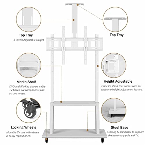 YXX Standing TV Stand with Mount and AV Shelf for 65+ Inch TV, Mobile Cart with Locking Wheels - White