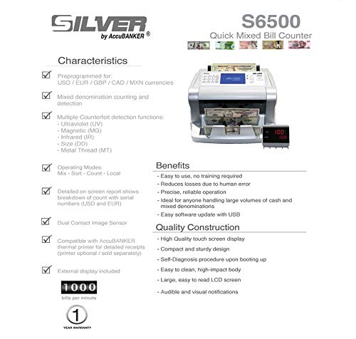 SILVER by AccuBANKER S6500 Cash Counter Money Counter Machine Quick Mixed Denomination Bill Counter with Counterfeit Detector UV, MG, Infrared, Size & Metal Thread (S6500)