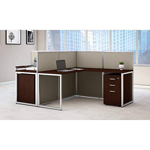 Bush Business Furniture Easy Office 60W Two Person L Shaped Desk Open Office with Mobile File Cabinets in Mocha Cherry
