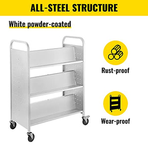 VEVOR Library Book Cart, 200lbs Capacity, Double Sided with Lockable Wheels, White