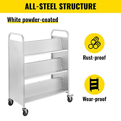 VEVOR Library Cart, 200lbs Rolling Book Cart with Lockable Wheels, 35x19x49 Inch, White