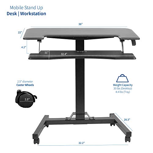 VIVO Black Pneumatic Mobile 36" Height Adjustable Two Platform Standing Desk - DESK-V111GT
