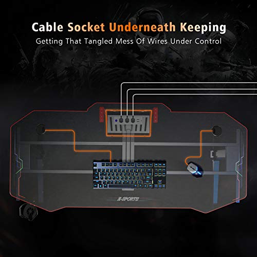 ELEGANT Gaming Desk with Led Lights Gaming Desk 55 inch Computer T-Shaped E-Sports Game Table Metal PC Desk with Mouse Pad Workstation for Home Office(Black)