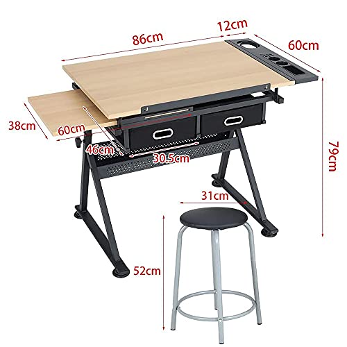 Adjustable Drawing Table with Tiltable Tabletop, 2 Drawers, and Stool