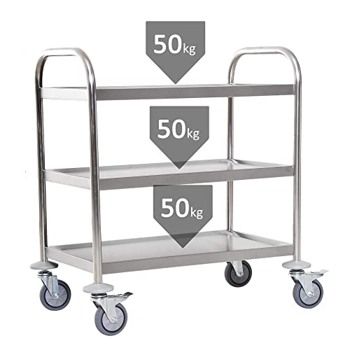 Large Stainless Steel Utility Cart, 3 Tier Rolling Kitchen Service Cart with Locking Wheels