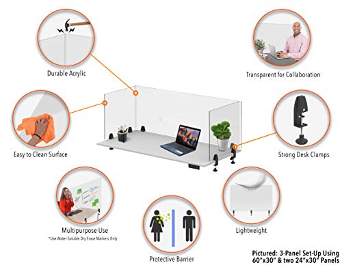 Stand Steady Clear Desktop Panel | Clamp On Protective Acrylic Shield & Sneeze Guard | Desk Divider Securely Attaches to Desks & Tabletops | for Offices, Schools, Libraries & More (60 x 30)
