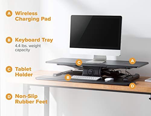 Bostitch Office Electric Sit Stand Desk Converter, Height Adjustable Workstation Riser Includes Wireless Charging Pad, Keyboard Shelf and Tablet Holder, Black (STND-3715BKX)