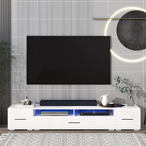 Generic White Extended TV Stand with Color Changing LED Lights Cabinet