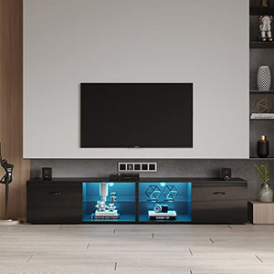 Generic Modern Entertainment Center TV Stand for TVs Up to 80" with Color-Changing LED Light - Black Wood Finish