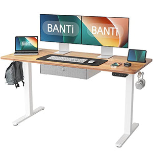BANTI Electric Standing Desk with Drawer, Adjustable Height Sit Stand Up Desk - 63x24 Inches, Light Vintage Brown