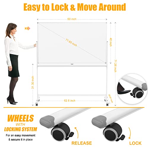 Large Magnetic Mobile Whiteboard with Rolling Stand - 60” X 40” Double Sided Easel Style Dry Erase White Board on Locking Wheels, Giant Standing Commercial Writing Board with White Aluminium Frame