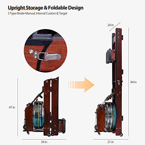 Water Rowing Machine, TopMade Oak Wood Water Adjustable Resistance Rower for Home Gym Workout Foldable Indoor Exercise Water Row Machine Fitness Equipment Bluetooth LCD Monitor Wooden Rower Machine