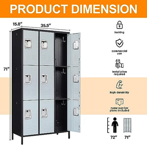 Anxxsu 9-Door Metal Storage Locker with Hooks, 71" Cabinet for Employees, Home, Office, Gym - Black Grey
