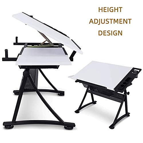 VejiA Drafting Table with Storage, Height Adjustable & Tiltable Art Desk, PVC Panel Drawing Desk