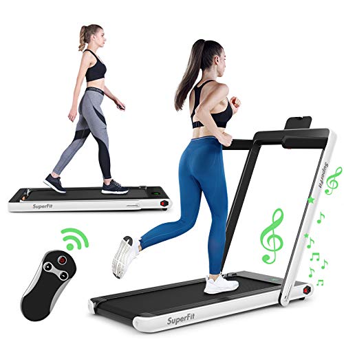 GYMAX 2 in 1 Folding Treadmill, Under Desk Walking Running Machine with Bluetooth Speaker, LED Monitor & Smart App Control, Electric Treadmill for Home Gym (Pearl)