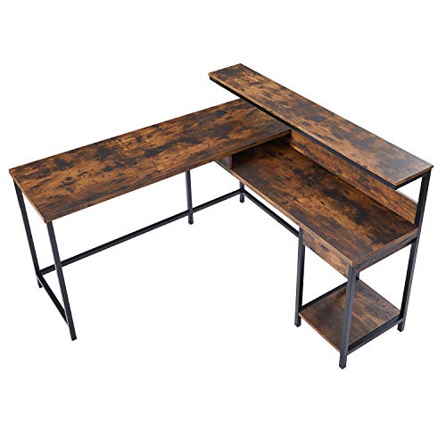 Merax L-Shaped Computer Monitor Shelf and CPU Stand, Industrial Corner Office Study Large Workstation Desk Table, 55.9" L x 55.1" W x 38" H, Tiger