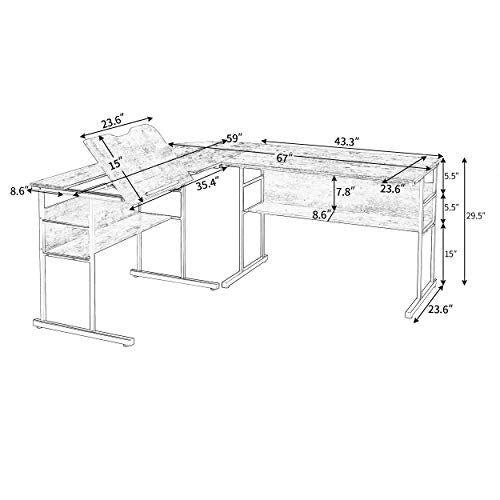 Home Office L-Shaped Desk with Bottom Bookshelves, Multi-Function Drafting Drawing Table with Tiltable Desktop for Artist or Student/67 inch