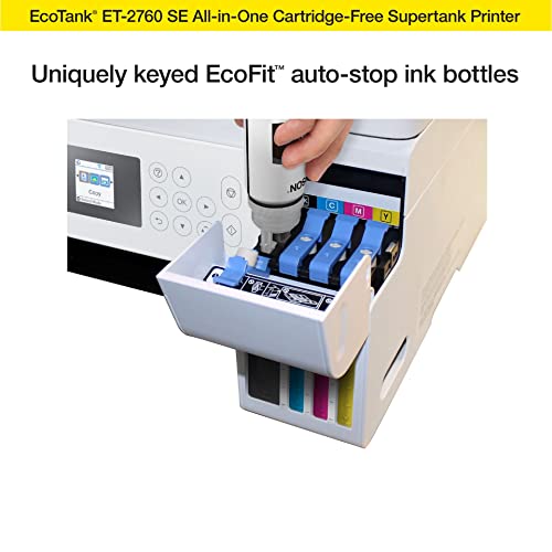 Epson EcoTank ET-2760 All-in-One Supertank Wireless Color Inkjet Printer, White - Print Scan Copy - 10.5 ppm, 5760 x 1440 dpi, Auto 2-Sided Printing, Voice Activated, 1.44" LCD, Memory Card Slot