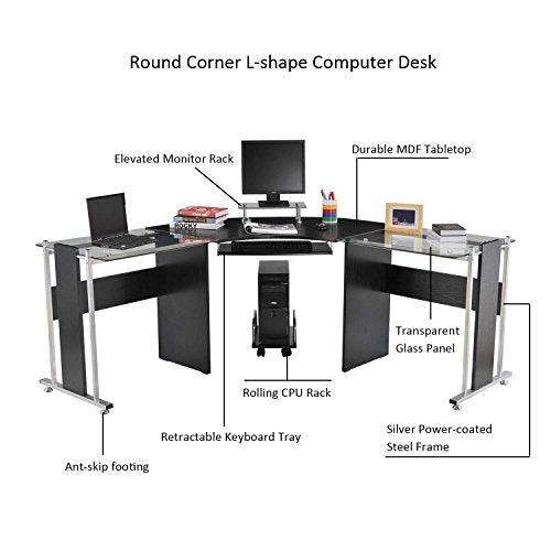 HOMCOM 69" Modern L-Shaped Tempered Glass Office Computer Desk with Elevated Monitor Stand, Rolling CPU Holder, Pull Out Keyboard Tray and Steel Frame, Black
