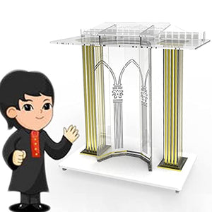 None Clear Acrylic Church Pulpit Podium with Rolling Table Top - Mobile Stand Up Desk for Churches and Classrooms