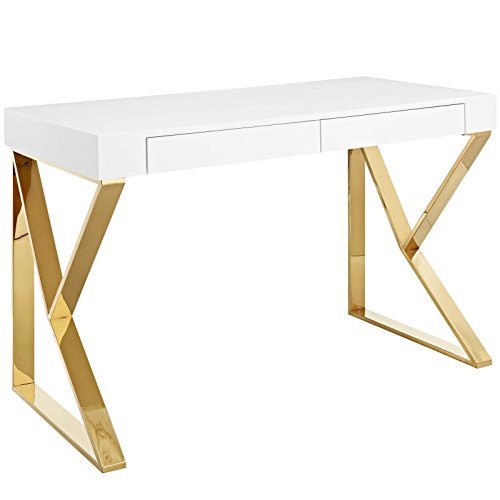 Modway Adjacent Contemporary Modern Office Desk With Metallic Legs in White Gold