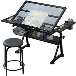 KOUBE Drafting Table, Drafting Table Desk Glass Top Adjustable Height Angle with Drawers and Stool Adjustable Draft Drawing Table for Adults Artists and Architecture