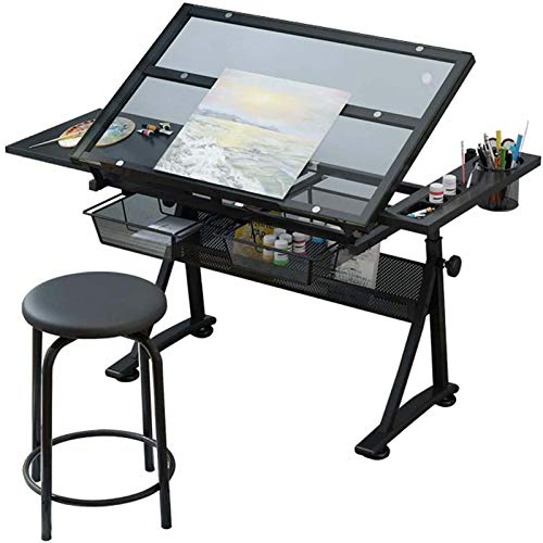 KOUBE Drafting Table Desk, Drafting Table for Artists with Drawers and Stool Glass Top Adjustable Height Angle Tabletop Tilted Art Craft Work Station for Home Office Working