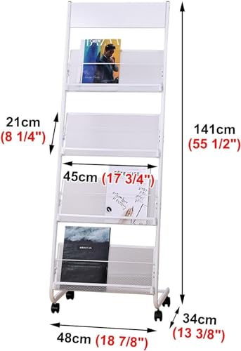 TIST Rolling Magazine Rack with 4 Mesh Pockets, L-Shaped Literature Display - Black/White