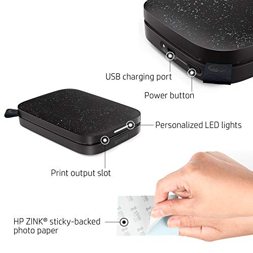 HP Sprocket Portable 2x3" Instant Photo Printer (Noir) Print Pictures on Zink Sticky-Backed Paper from your iOS & Android Device.