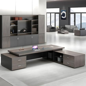KWOKING Executive Office Desk with Cable Management & Wood Tabletop - Grey, 94.5"L x 63"W x 29.5"H
