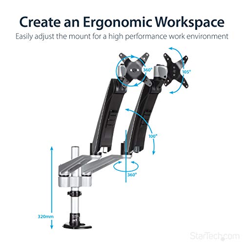 StarTech.com Desk Mount Dual Monitor Arm - Articulating - Supports VESA Monitors 12'' to 30'' - Adjustable - Grommet/Desk Mount - Premium - Silver (ARMDUAL30)