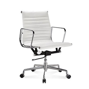 ARTIS DÉCOR Ribbed Low and High Back Executive Office Chair Made with Upholstered Genuine Italian Leather, Swivel and Polished Aluminium Frame - Low-Back White