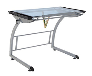 Offex Home Triflex Drawing Table, Sit to Stand Up Desk, Silver/Blue Glass