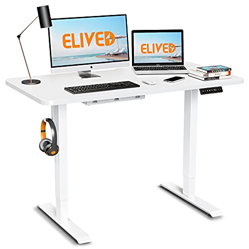 ELIVED Dual Motor Electric Standing Desk, 48 x 24 inches Height Adjustable Desk, Sit Stand Desk with Whole-Piece Tabletop and Memory for Home Office Workstation (White)
