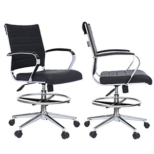 2xhome Modern Adjustable Designer Ergonomic Drafting Chair Set of 2 with Ribbed Arms (Black)