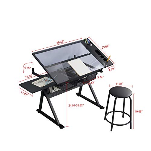 Glass Drafting Table Art Desk with Storage Drawer, Adjustable Tabletop Tilting & Height Black Laptop Desk for Living Room Bedroom Study