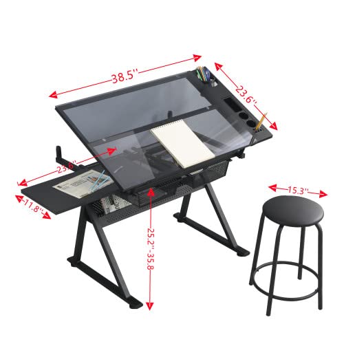 ZLECTIO Drafting Desk with Adjustable Tempered Glass Top and Chair