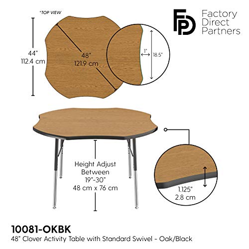 FDP Clover Activity School and Office Table (48 x 48 inch), Standard Legs with Swivel Glides for Collaborative Seating Environments, Adjustable Height 19-30 inches - Oak Top and Black Edge