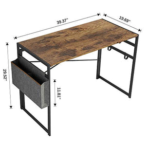 JSB 39.37" Folding Computer Desk with Storage Bag and Hook, Writing Desk Modern Industrial Work Table Laptop Desk for Home Office (39.37” x 19.69” x 29.53”, Rustic Brown)