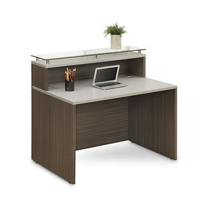 Esquire Glass Top Reception Desk 48"W x 32"D Driftwood Laminate/Silver Laminate Desktop Kickplate and Accents/Glass Top