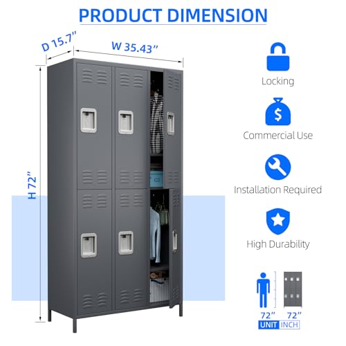 SPKAPO 72" Tall 6-Door Metal Locker with Pothook, Tier Design - Dark Gray
