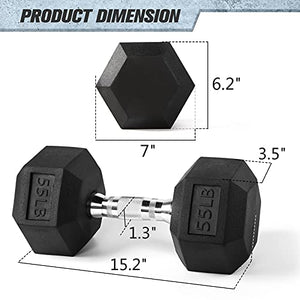 RitFit Rubber Hex Dumbbell Weight 10, 15, 20, 25, 30, 35, 40, 45, 50, 55, 60 LBS with Metal Handle for Strength Training, Full Body Workout, Functional and HIIT Workouts (2 X 55 LBS)