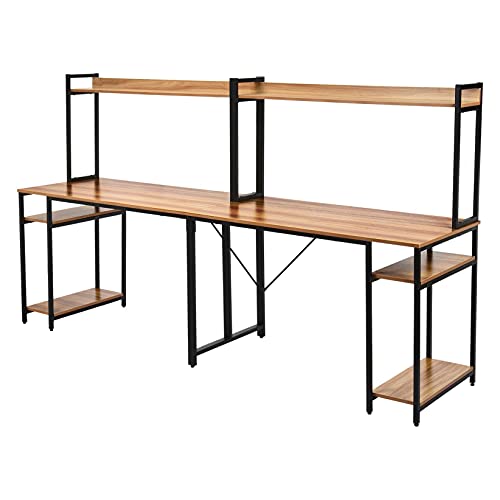 94.5 Inch Double Computer Desk, 2 Person Desk with Hutch & Storage Shelves, Extra Long Home Office Computer Table Writing Study Table Double Workstation Home Office Desk (Brown)