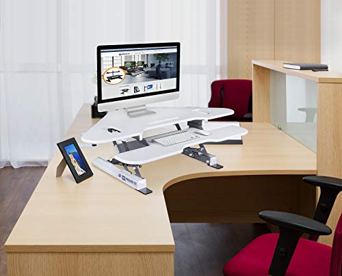 Mount-It! White Corner Standing Desk Converter | Height Adjustable 48” Wide Desktop | Corner Stand Up Desk with Gas Spring Handle | Stand Up Computer Workstation with Ergonomic Keyboard Tray | White