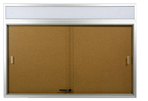 48 x 36 Indoor Cork Board for Wall, Includes Separate Header Area, Sliding Glass Doors, 4' x 3' Bulletin Board with Mounting Hardware, Silver